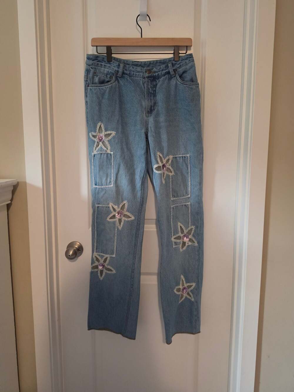 Y2K Newport News Jeanology Floral Applique Wide Leg W Sz 10 Boho Cottagecore